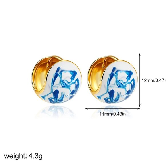 NEW 14K Yellow Gold White Blue Enamel Statement Earrings - Picture 3 of 5